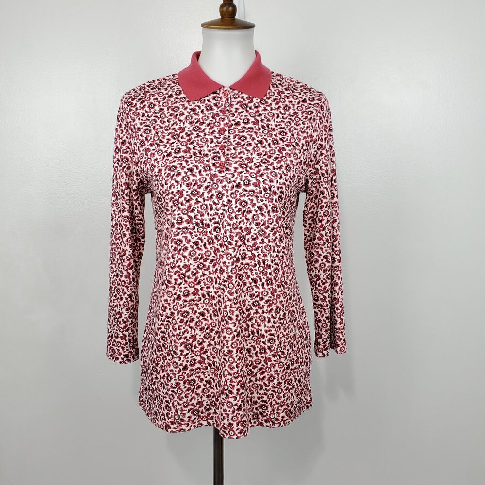 Lands' End Casual Popover Cotton Floral 3/4 Sleeve Polo Shirt Polo Top Size S